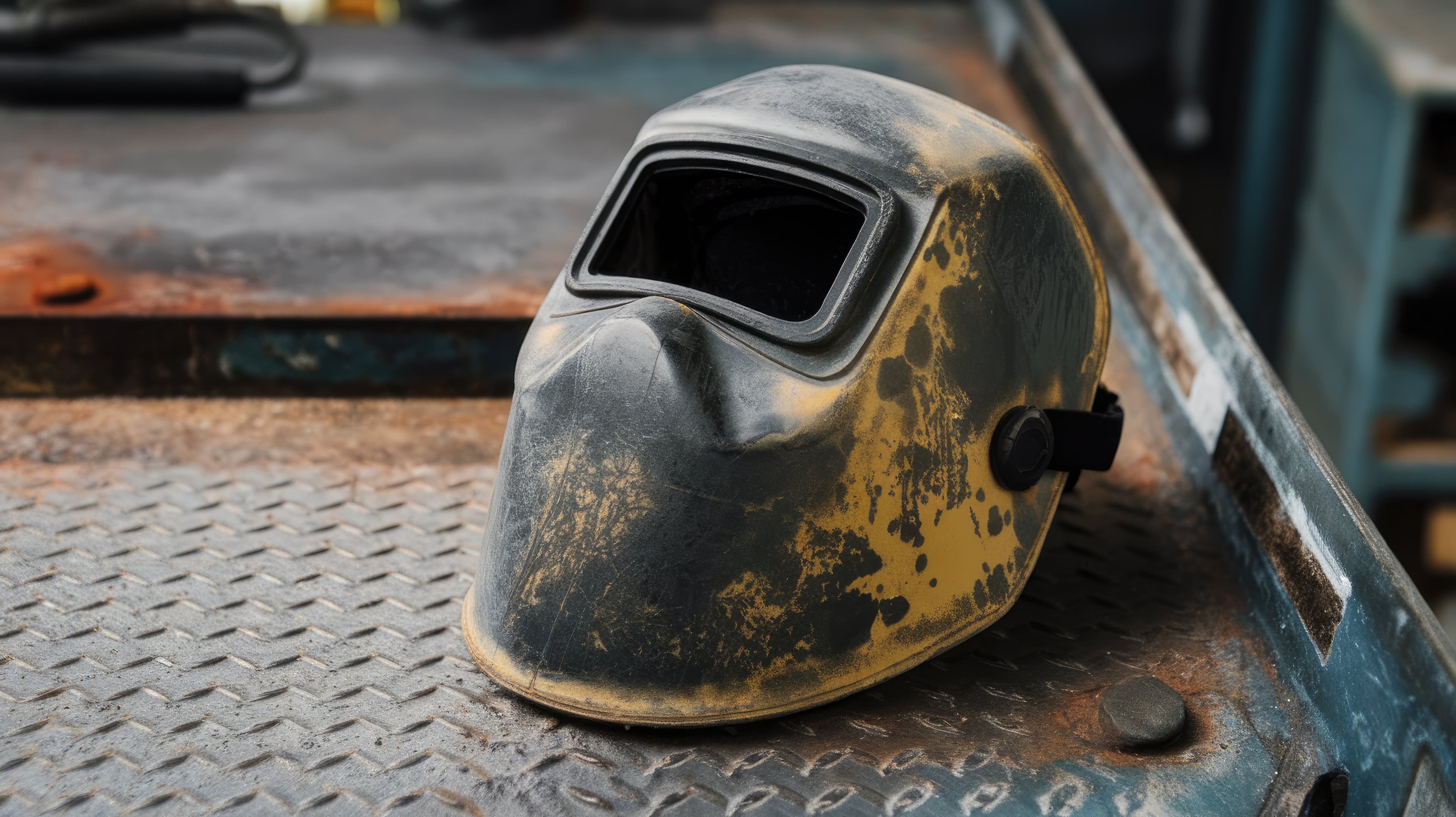 Welding mask sitting on the back of a Black Hat Welders truck