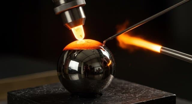 Metal sphere being heated with welding torch in dark studio